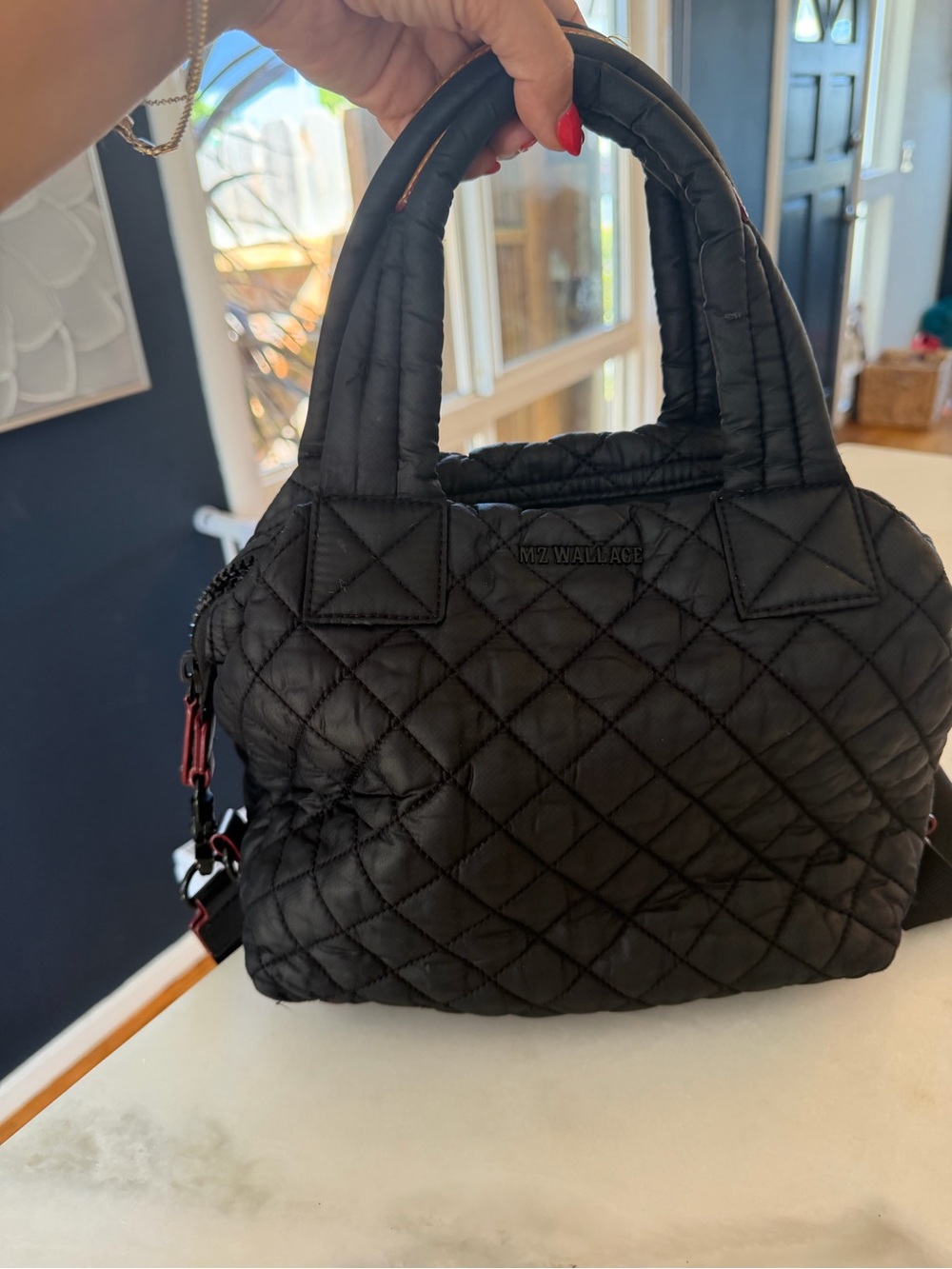 MZ Wallace Quilted Black Nylon Satchel with Top Handles